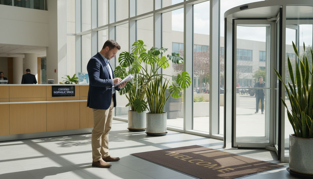 Facilities manager with large lobby plants