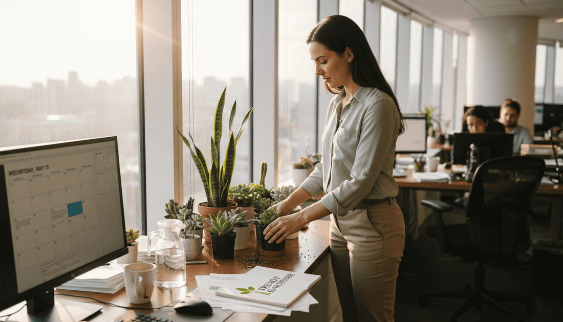 Office manager arranging plants in corner workspace