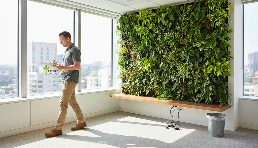 Living wall in bright office with manager walking by