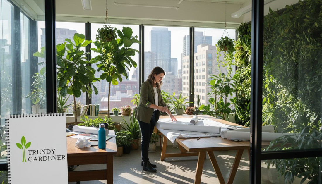Architect working surrounded by indoor plants
