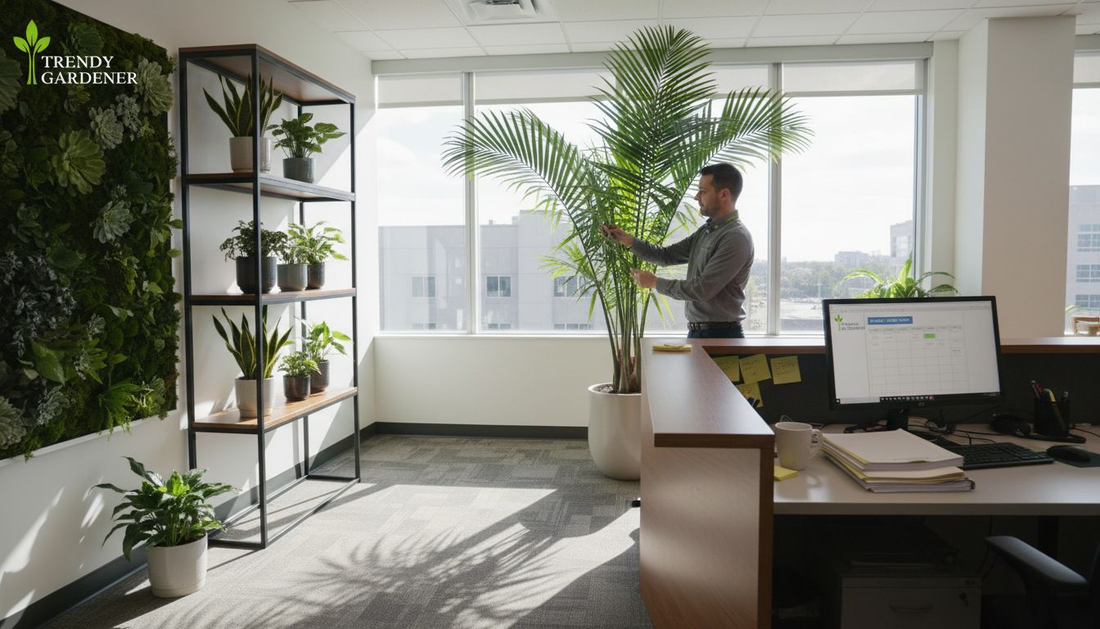 Office manager adjusting indoor rental plants
