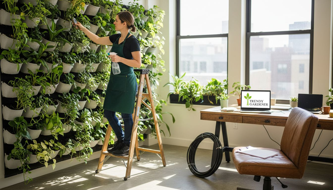 Specialist inspecting lush indoor living wall