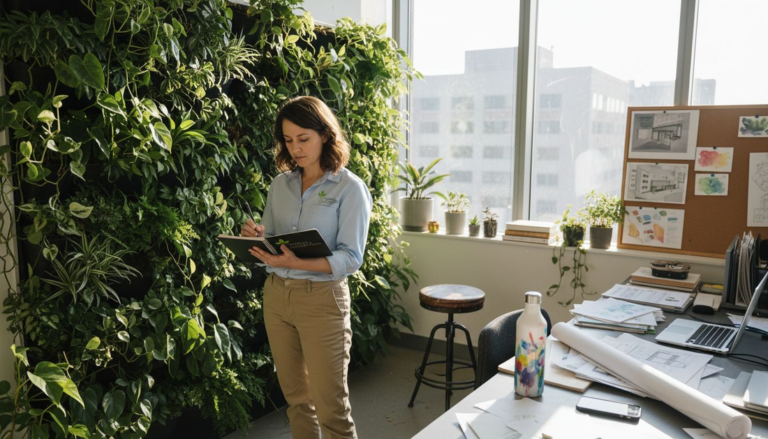 Architect notes beside office living wall