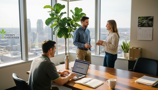 Coworkers talking in sunlit office with plants