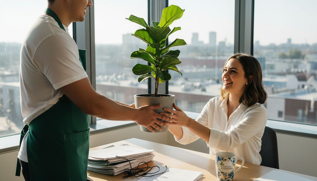 Receiving a potted plant in bright office