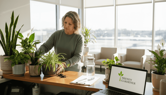 Receptionist arranging indoor plants in clinic lobby