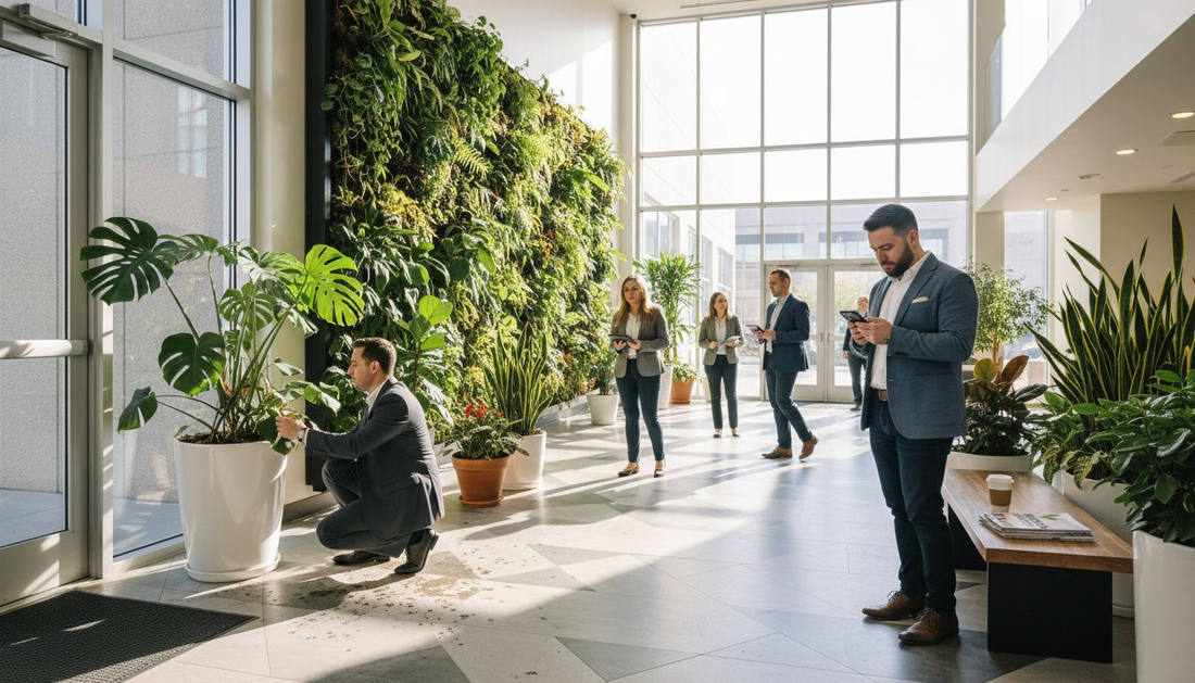 Lobby with indoor plant wall and office workers