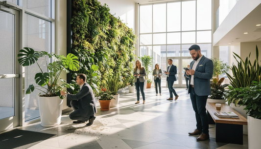 Lobby with indoor plant wall and office workers