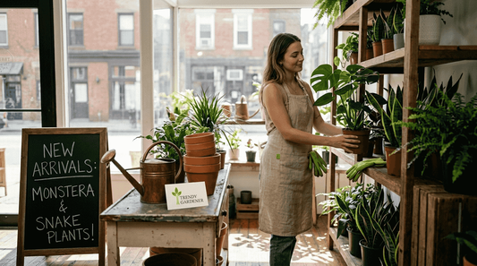 Boutique store staff arranging plants near window