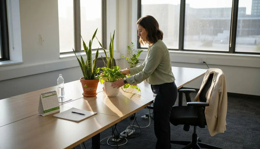 Manager arranging plants in Iowa office