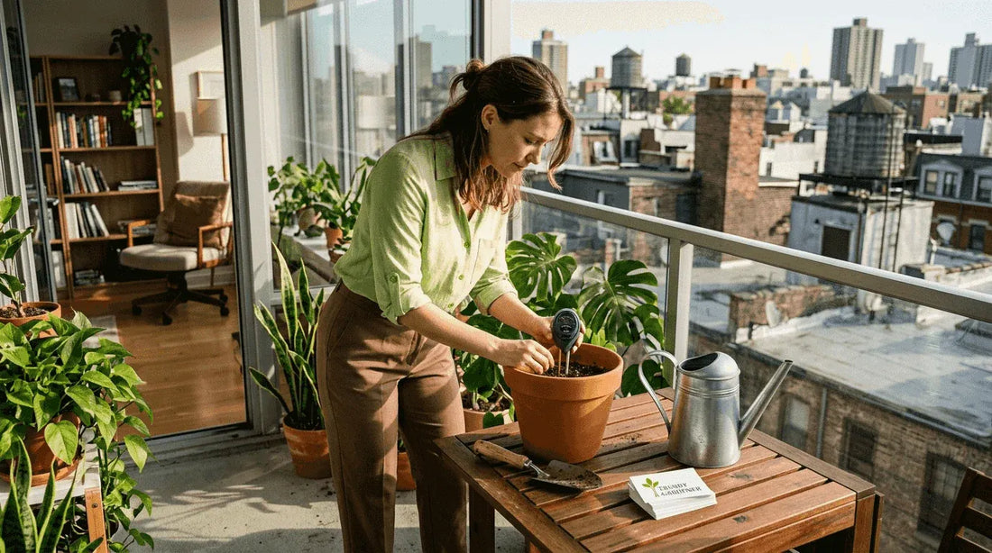 Office manager arranging plants on balcony