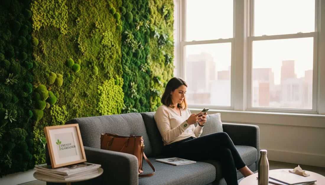 Woman sitting by large indoor moss wall