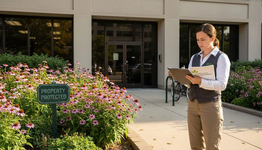 Manager inspects office landscaping near entrance