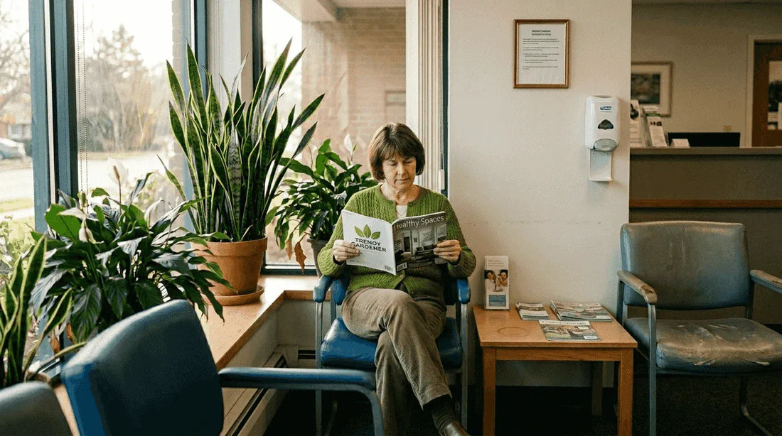 Patient in clinic waiting area with plants