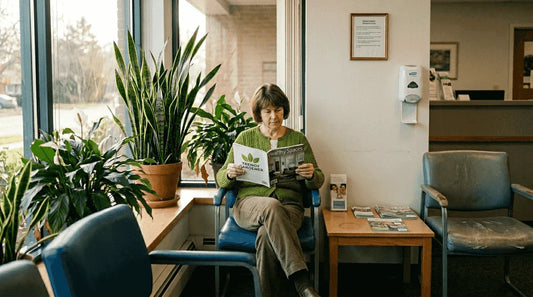 Patient in clinic waiting area with plants