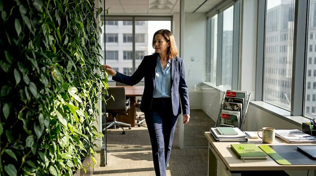 Manager walking past living wall in office