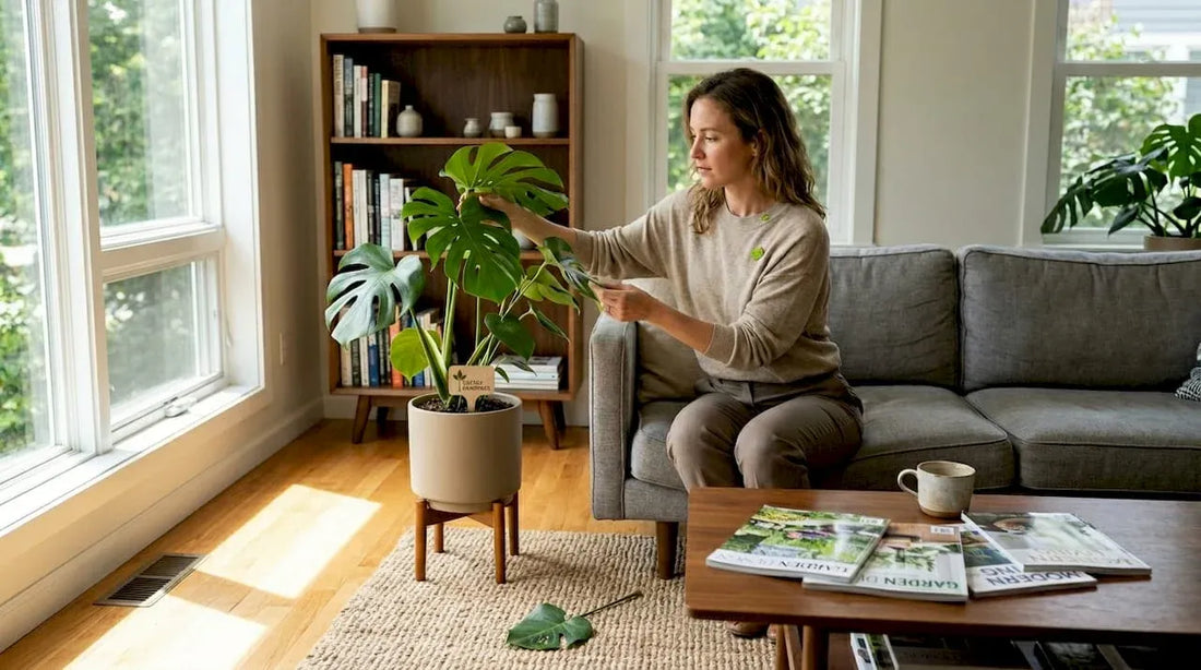 Woman arranges plant in sunlit living room