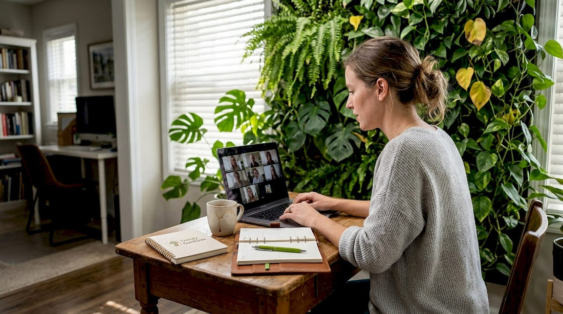 Woman in home office with living wall background