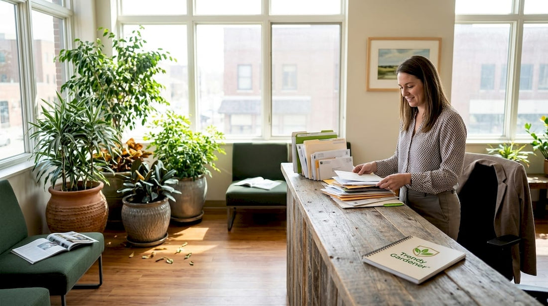 Office waiting area with layered indoor plants