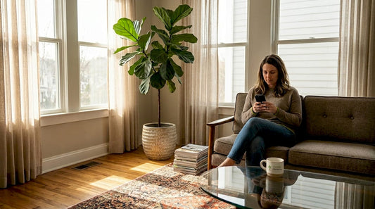 Large fiddle leaf fig in bright living room