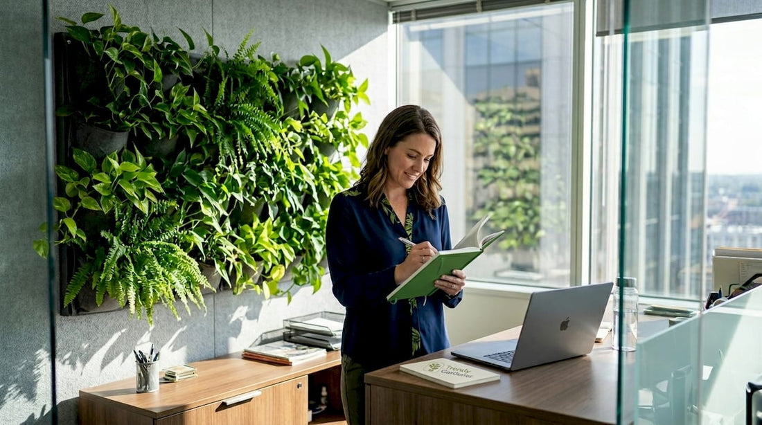 Manager inspects living wall in office