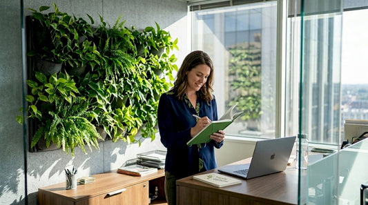 Manager inspects living wall in office