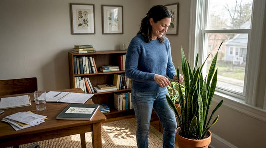Woman tending snake plant in home office