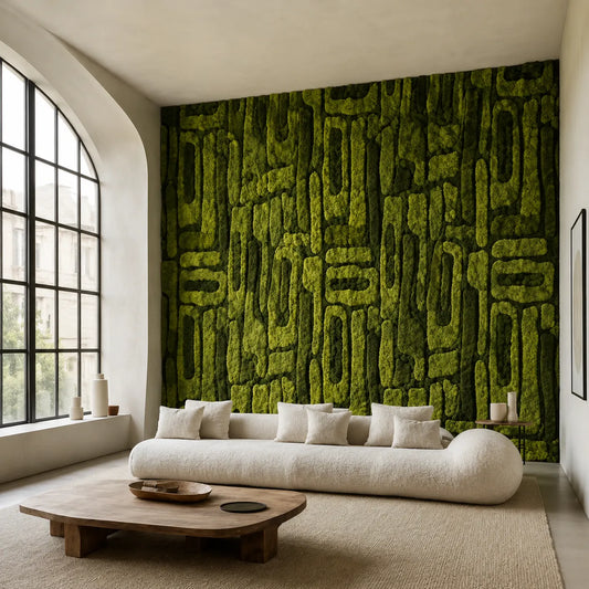 Modern living room featuring a textured green moss wall and curved sofa.