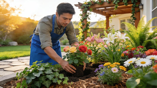 Professional plant installation in a residential garden, highlighting vibrant greenery and expert care