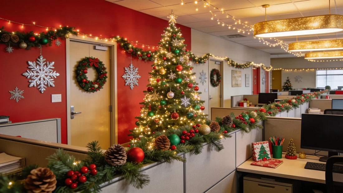 A festive corporate office space featuring seasonal office greenery and commercial Christmas decorations