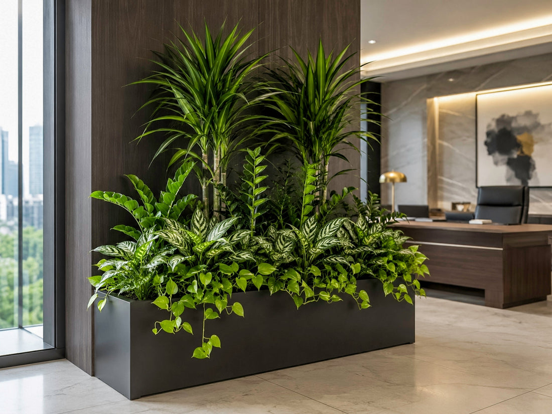 East Village Des Moines office interior with professional plant design and maintenance featuring modern planters, healthy indoor plants, and biophilic design.