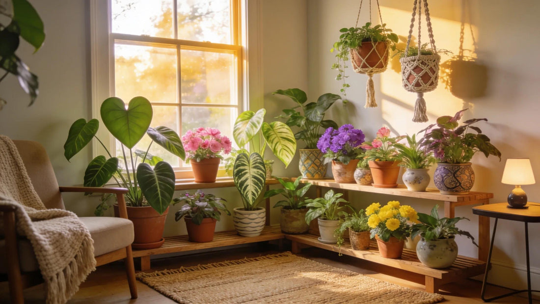 Indoor plants thriving in natural sunlight, showcasing healthy greenery and vibrant flowers