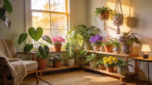 Indoor plants thriving in natural sunlight, showcasing healthy greenery and vibrant flowers