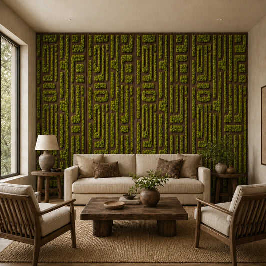 Cozy living room featuring a patterned moss wall and natural wood furniture.