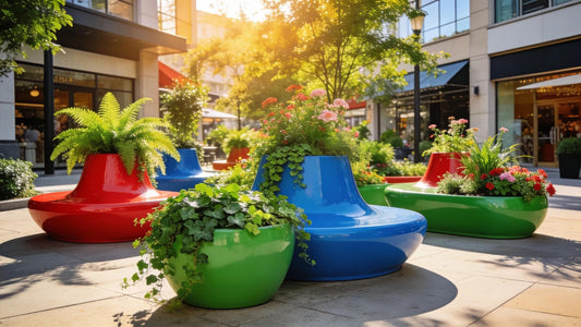 Colorful fiberglass planters filled with greenery in a commercial outdoor space