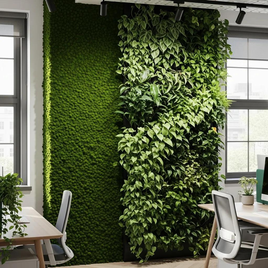 Moss wall and living wall in a modern office setting, highlighting the aesthetic appeal of green wall solutions