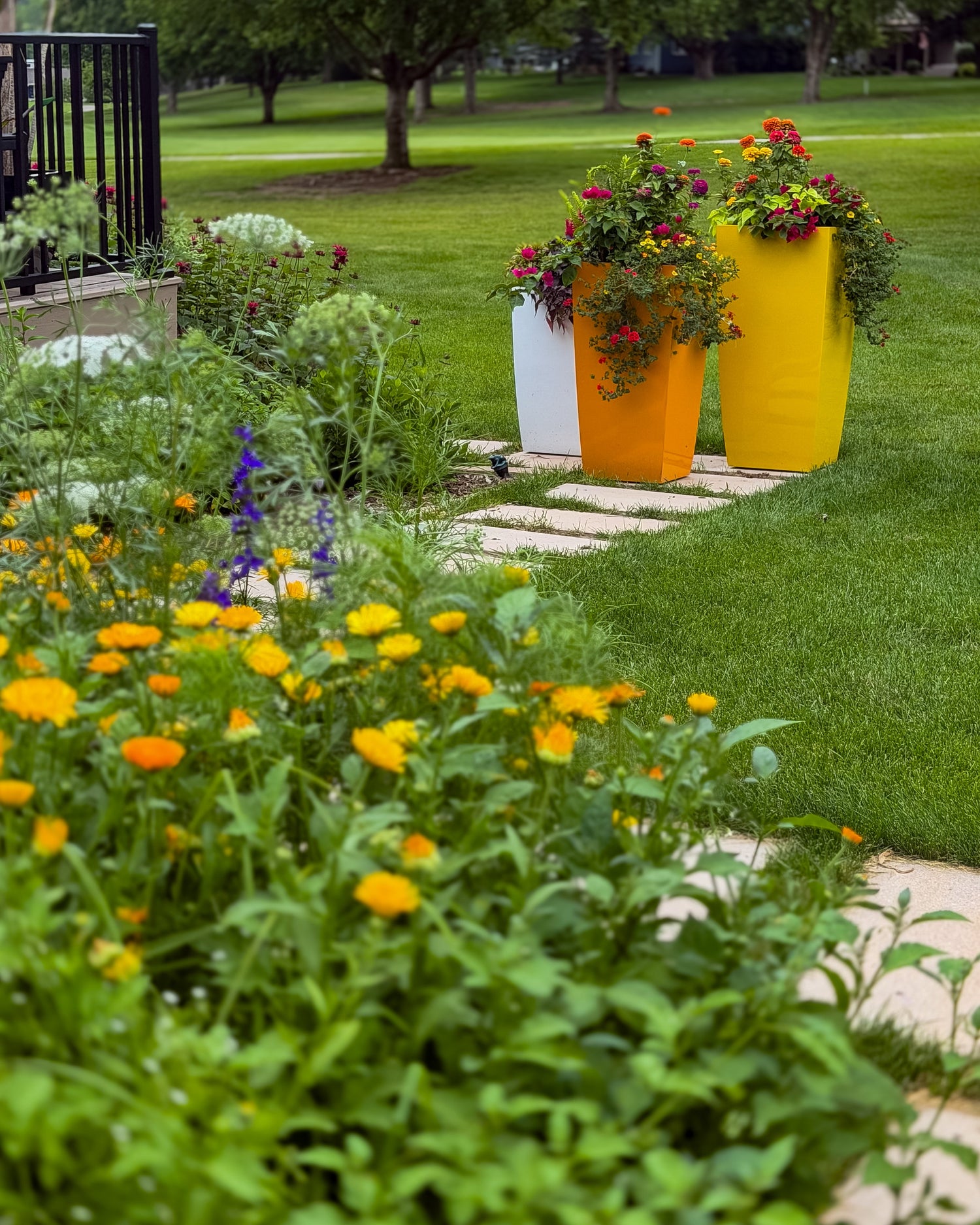 Tall square semi-custom fiberglass planters luxury home and business branding in Iowa | Trendy Gardener