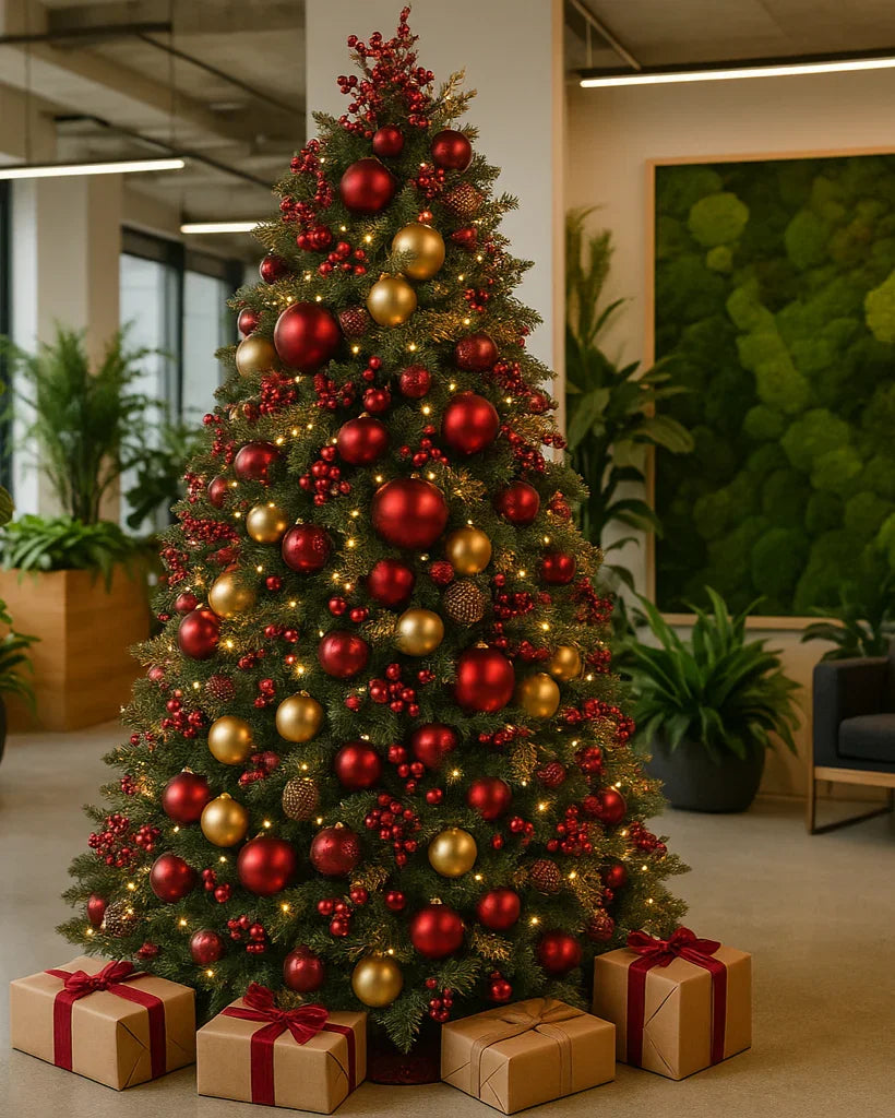 Festive Christmas tree with red and gold ornaments in a modern office with lush plants and moss wall.