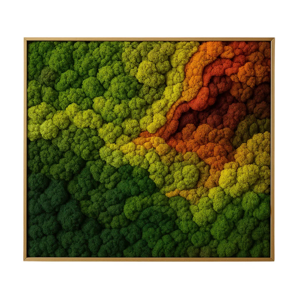 Geometric moss wall art with green, yellow, and orange preserved moss in a wooden frame