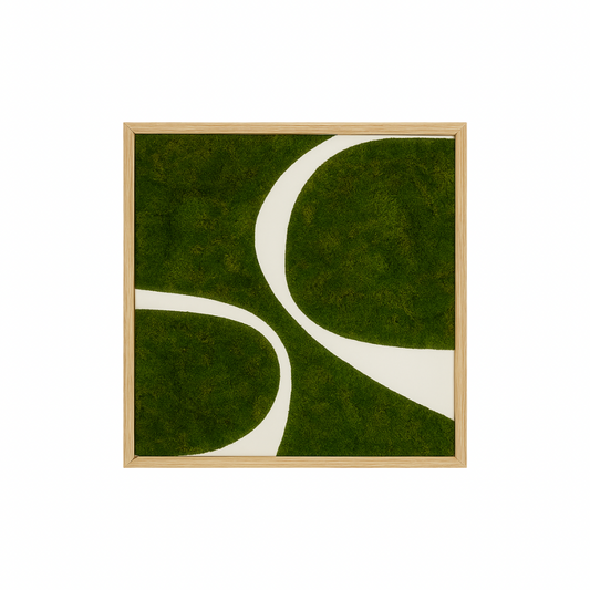 Abstract Moss Wall No. 014 – 48x48 preserved green mood moss wall art with carved wood detail, featuring symmetrical modern design for luxury interior plantscaping, office décor, and zero-maintenance biophilic design.
