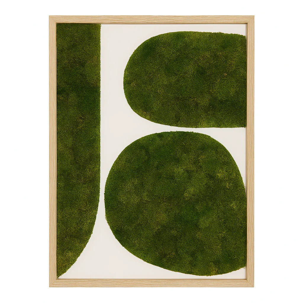 Preserved mood moss wall art featuring striking contrasts on green preserved mood moss, 