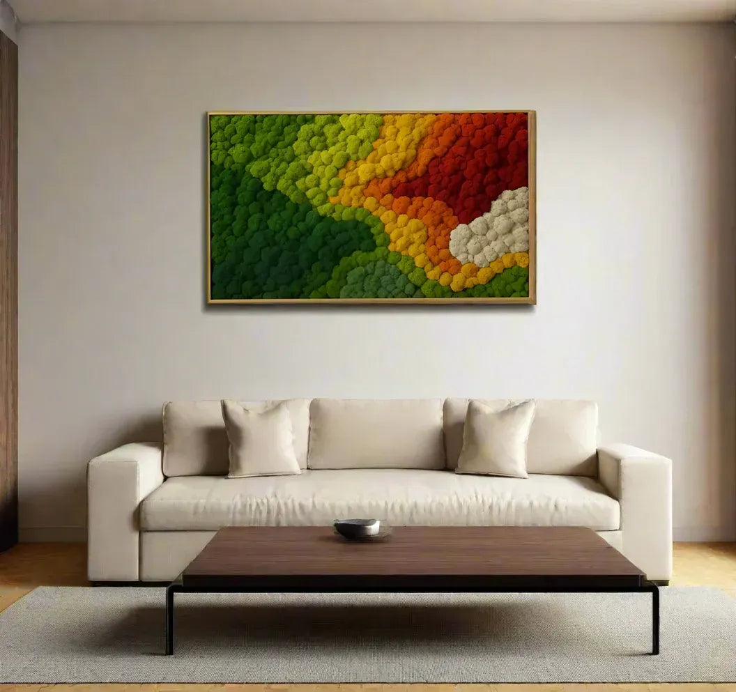 Amberveil Geometric Moss Wall 60x36 preserved reindeer moss wall art with dark green, light green, yellow, orange, red and white tones