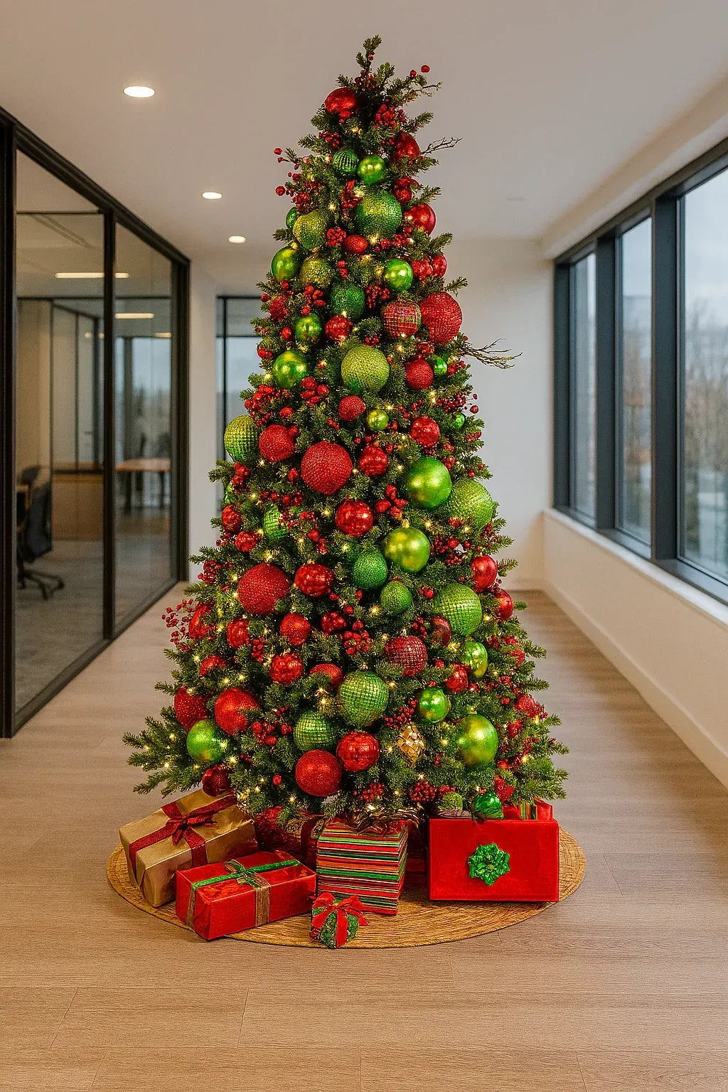 Trendy Gardener Professionally Decorated Christmas tree with red and green ornaments in a modern office setting. Best Professional Christmas Tree Decor in Des Moines, Iowa.