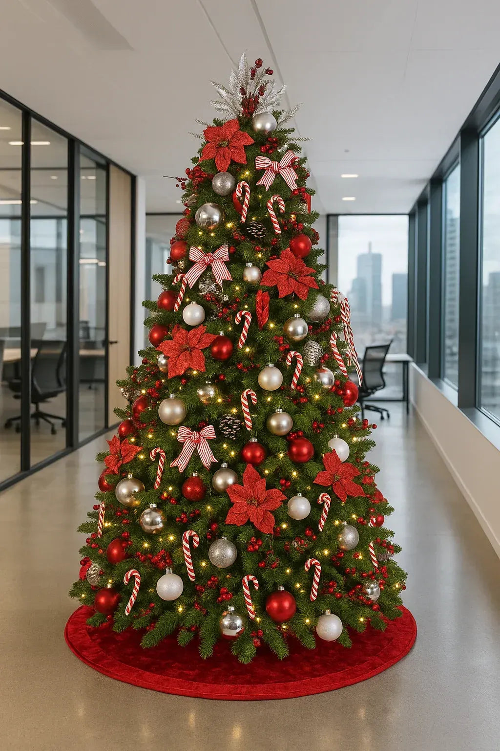 Decorated Christmas tree in a business lobby with decorated wreaths and holiday garlands. Best Christmas tree design and rental Trendy Gardener Des Moines, Iowa. 