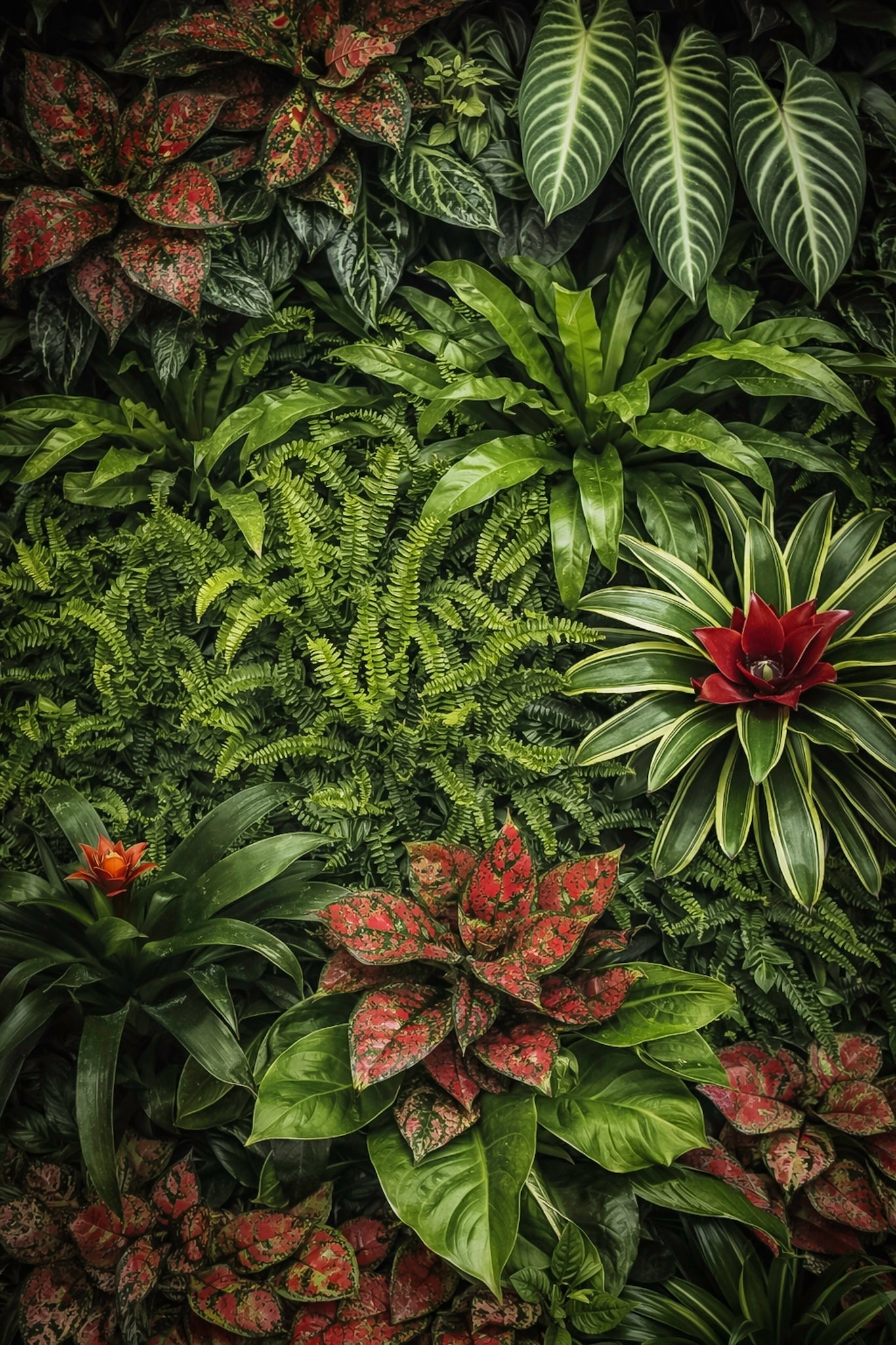Lush living wall in a hospitality lobby showcasing vining philodendrons, cascading pothos, ivy, calathea, bromeliads, Chinese evergreen, rare monstera, and other tropical plants downtown Des Moines, Iowa. 