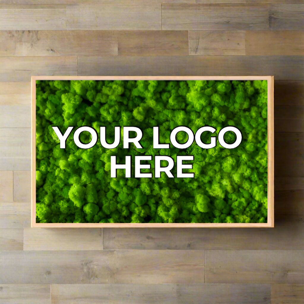 Stunning green preserved moss custom made for a business logo in Des Moines, Iowa and surrouding area made by Trendy Gardener--Des Moines favorite plant shop.