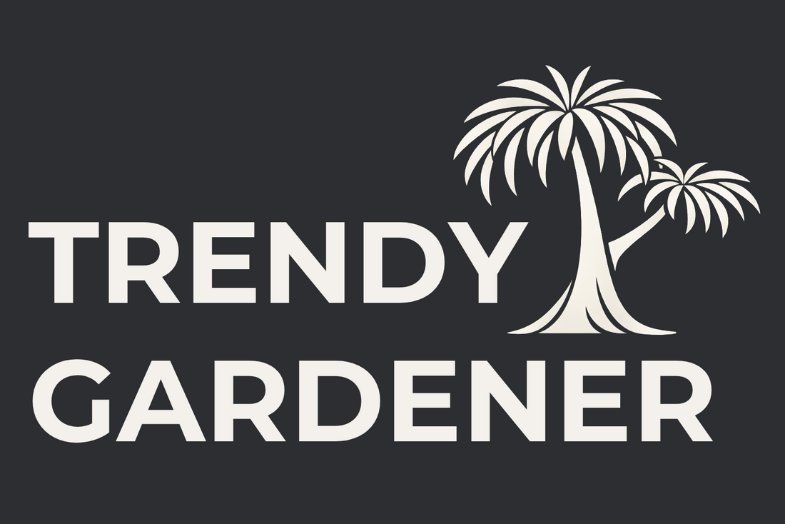 White 'TRENDY GARDENER' logo with two palm tree icons on a dark charcoal background.