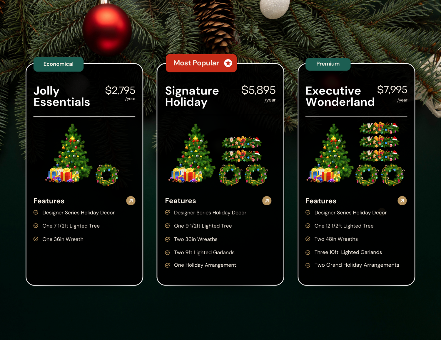 Three holiday decor packages with lighted trees, wreaths, garlands, and floral arrangements from Trendy Gardener’s Designer Series.