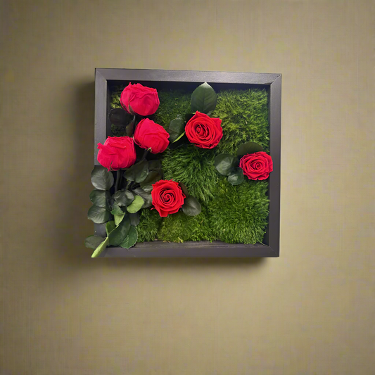 Trendy Gardener's Wood framed moss wall frame with 6 red roses, mood moss, and hair moss. No maintenance wall decor for homes and offices. 