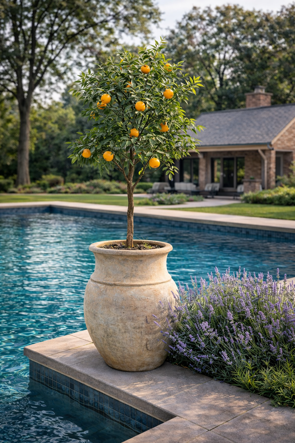 Potted citrus tree by a pool with a house and garden in the background